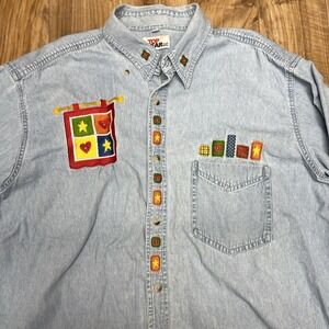 Vintage Top Gear LLC Teacher Grandma Embellished Long Sleeve Denim Shirt Large‎